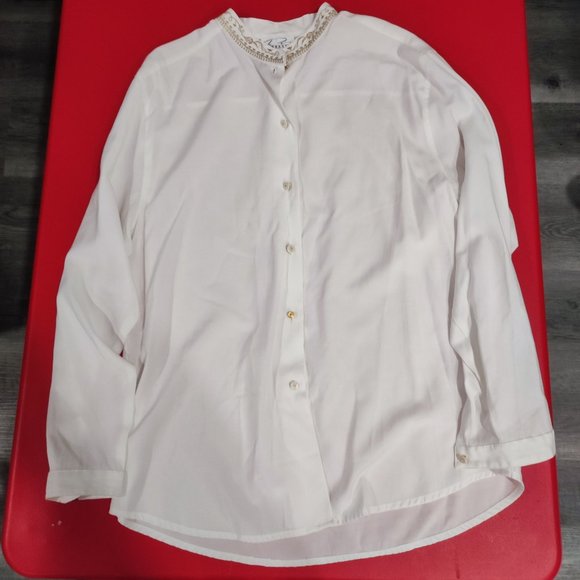 Pursuits white button down shirt with gold embroidered neck women's size 16 - Picture 1 of 6